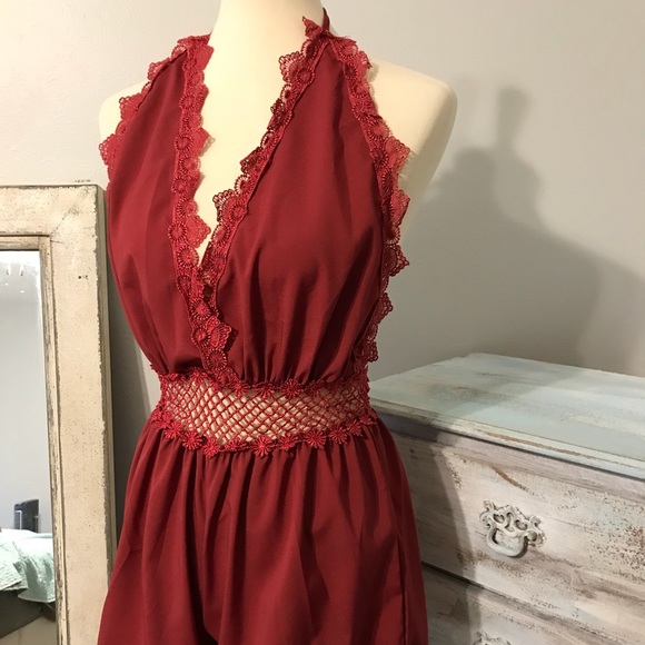 Burgundy/maroon lace trim romper - Picture 2 of 6